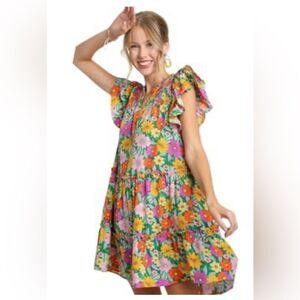 UMGEE V-Notched Floral
Print Dress; Multicolor; Size Small